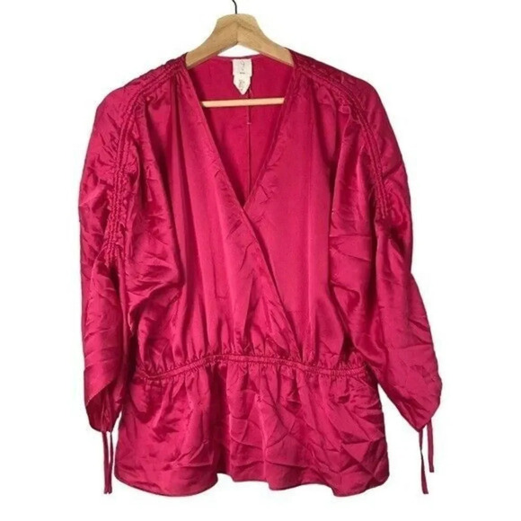 Joie Hot Pink Satin Wrap Peplum Short Sleeve Blouse L - Picture 1 of 4